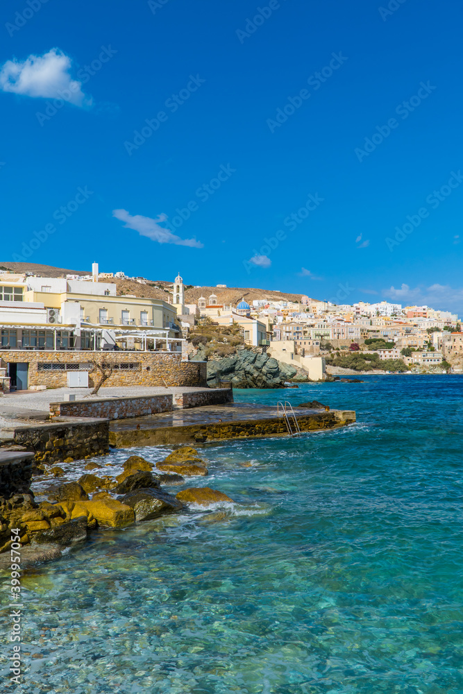 Vertical view of the city stone beach in Ermoupoli, Syros - capital of the Cyclades Islands, Greece