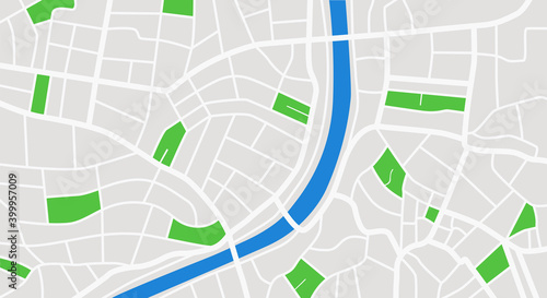 Town streets with park and river. Downtown gps navigation plan. Vector city center illustration.