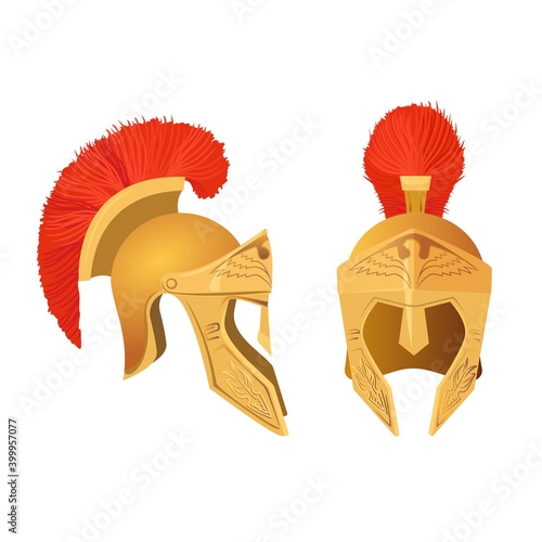 Gladiator helmet set. Roman ancient military armoring for head. Vector