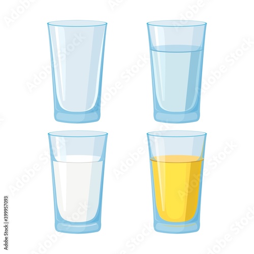 Glass of water, juice and milk and empty set. Vector