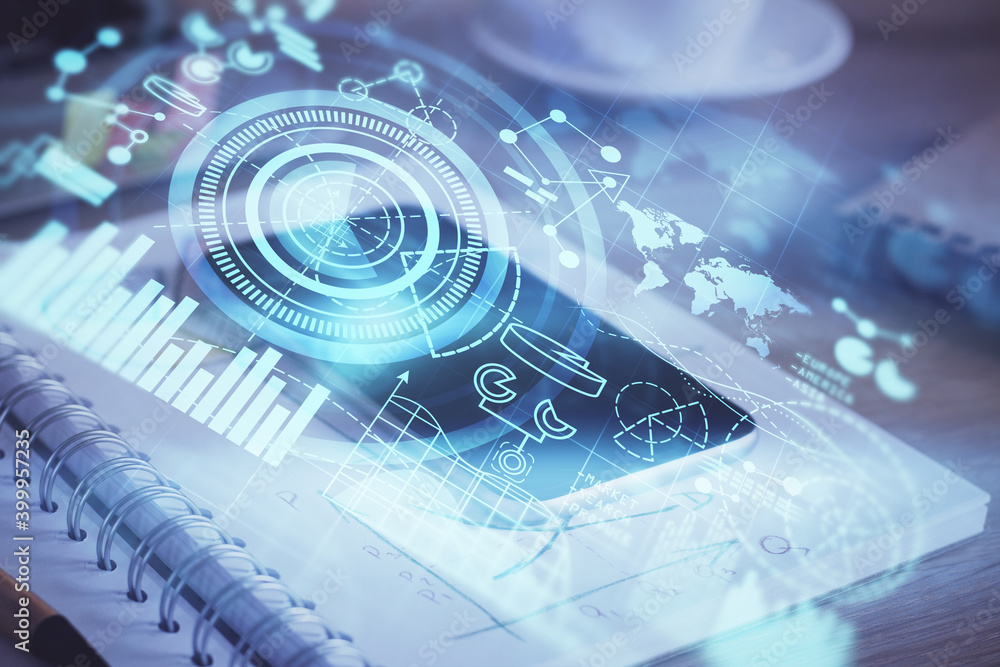 Double exposure of financial theme drawing and cell phone background. Concept of business Double exposure of financial theme drawing and cell phone background. Concept of business