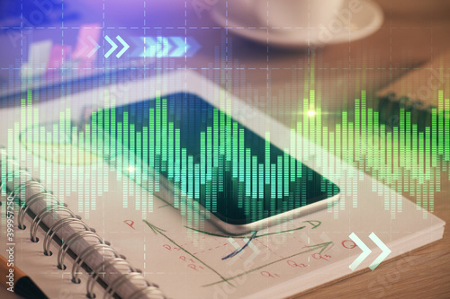 Double exposure of forex chart drawing and cell phone background. Concept of financial data analysis © peshkova