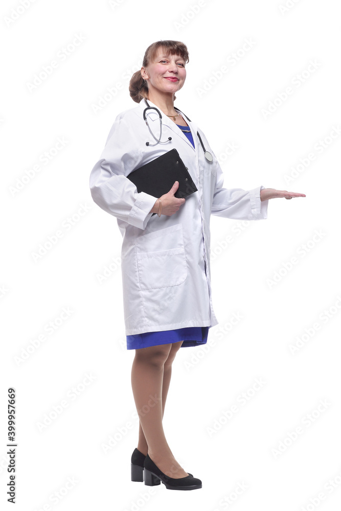 A smiling female doctor with a folder in uniform A smiling female doctor with a folder in uniform