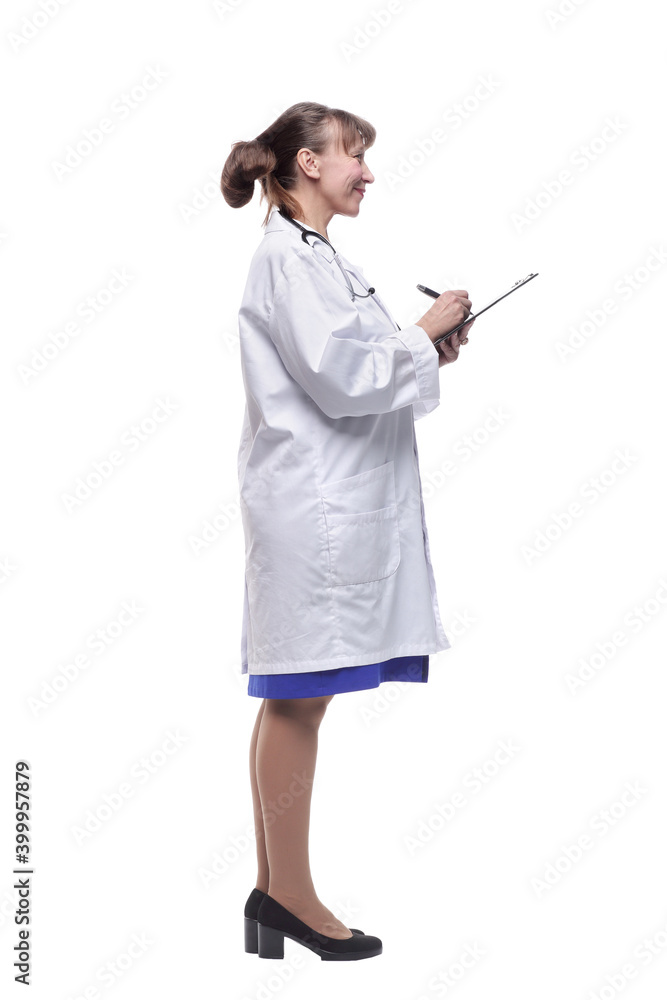 Female medicine doctor writting something on clipboard and smiling Female medicine doctor writting something on clipboard and smiling
