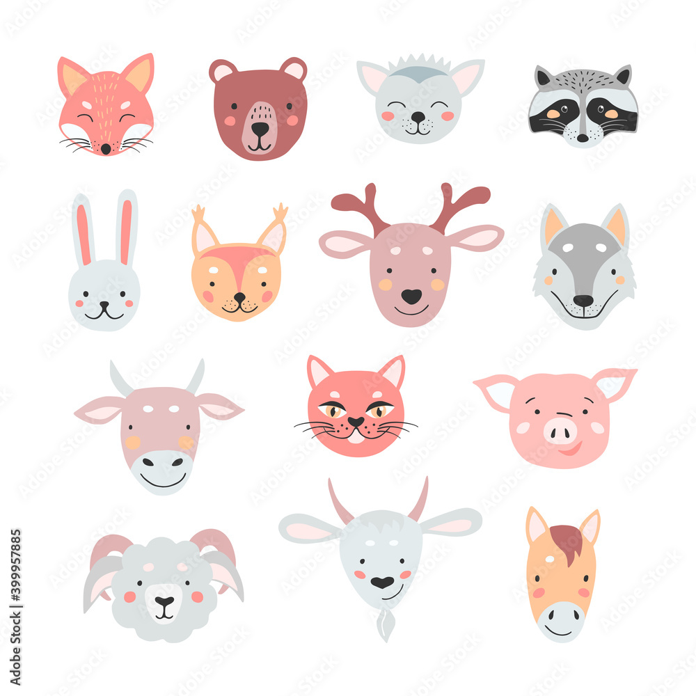 Cute animals set for print design. Vector illustration isolated.