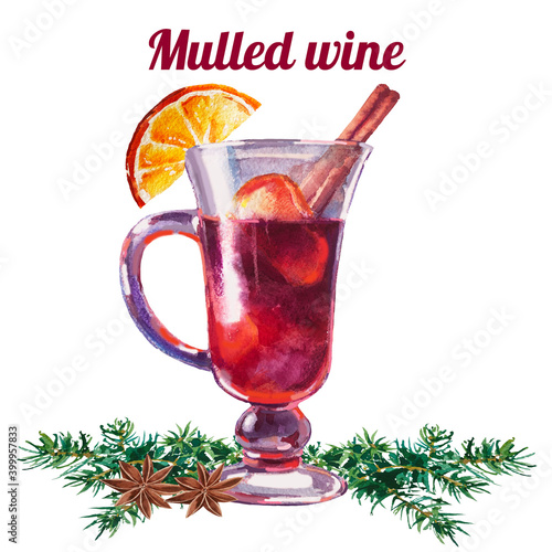 Watercolor illustration with glass of mulled wine, isolated on white background   