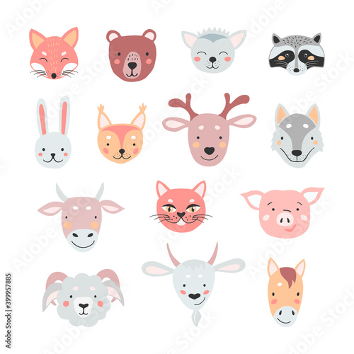 Cute animals set for print design. Vector illustration isolated.