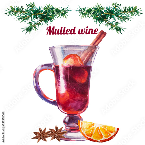 Watercolor illustration with glass of mulled wine, isolated on white background   