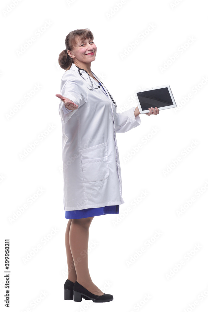 Doctor checking medical data on tablet pc, smiling Doctor checking medical data on tablet pc, smiling