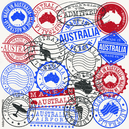 Australia Set of Stamps. Travel Passport Stamps. Made In Product. Design Seals in Old Style Insignia. Icon Clip Art Vector Collection.
