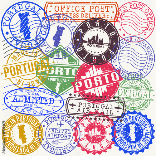 Porto Portugal Set of Stamps. Travel Stamp. Made In Product. Design Seals Old Style Insignia.