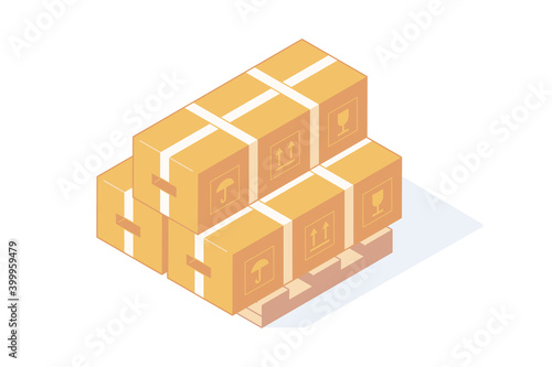 Stack of isometric cardboard boxes on wooden pallet for delivery and storage concept.