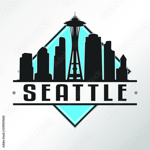 Seattle Skyline Button Icon Round Flat Vector Art Design Color Background Frame.