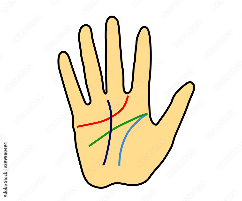Obraz premium Hand and lines on the palm on a white background. Cartoon. Vector illustration.