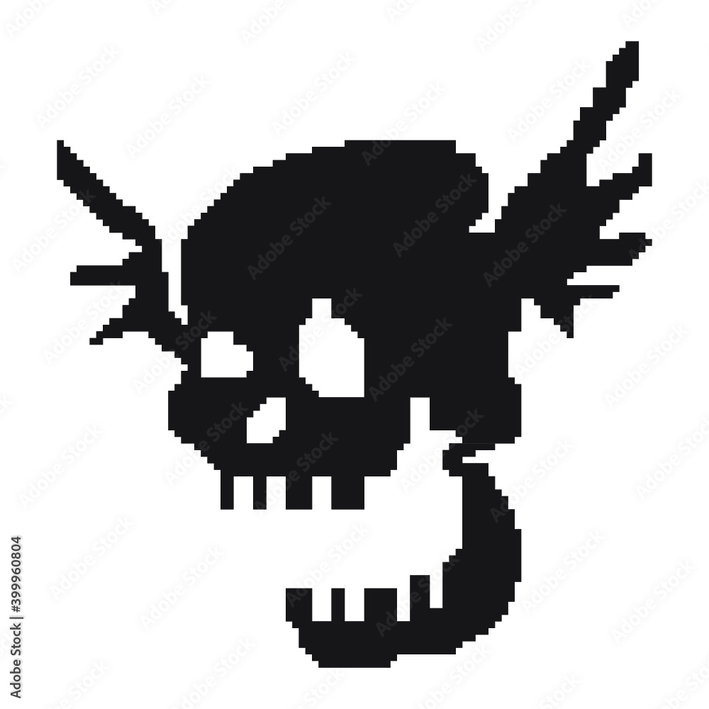 Pixelated skull with wings in black, Halloween. Design suitable for logo, decor, tattoo, mascot, icon, sign, t-shirt print, print, banner. Isolated vector illustration