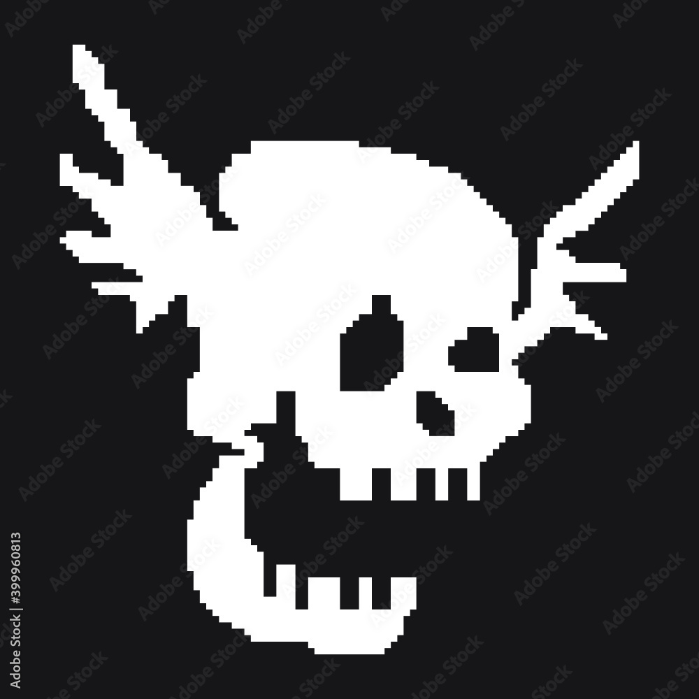 Pixelated skull with wings, Halloween. Design suitable for logo, decor, tattoo, mascot, icon, sign, t-shirt print, print, banner. Isolated vector illustration