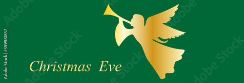 Christmas card ,Happy New Year banner,postcard,invitation.Angel blows the trumpet,good news.Golden gradient on green background. EPS10 vector.