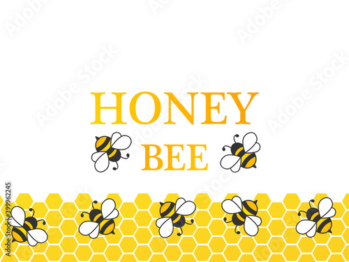Flying bees with honey comb. Vector cartoon black and yellow bee isolated on white background. 