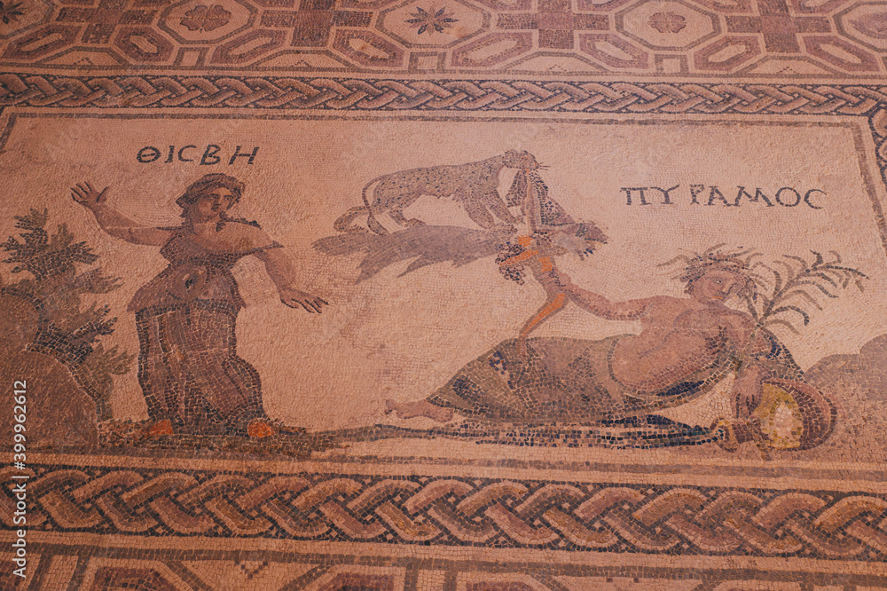 Obraz premium Greek art mosaics on the floor, ruins in Paphos. Cyprus 2017