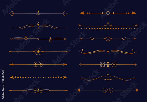 Retro golden page dividers . Vintage ornament decorative divider header set isolated on dark background. Vector antique filigree borders