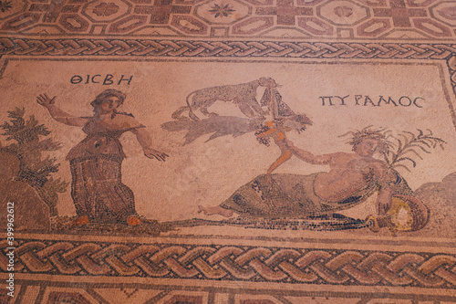 Greek art mosaics on the floor, ruins in Paphos. Cyprus 2017