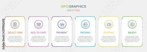 Concept of shopping process with 6 successive steps. Six colorful graphic elements. Timeline design for brochure, presentation, web site. Infographic design layout.