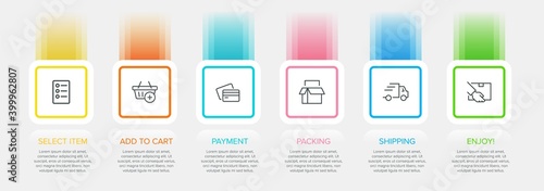 Concept of shopping process with 6 successive steps. Six colorful graphic elements. Timeline design for brochure, presentation, web site. Infographic design layout.