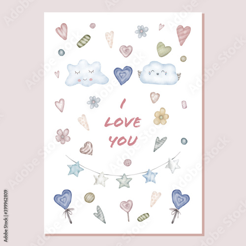 Valentines Card With Hearts, Sweets And Stars