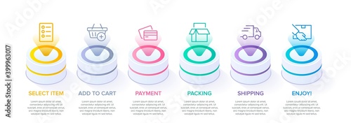 Concept of shopping process with 6 successive steps. Six colorful graphic elements. Timeline design for brochure, presentation, web site. Infographic design layout.