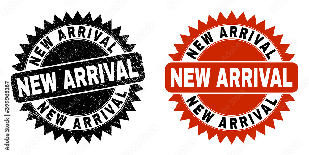 Fototapeta premium Black rosette NEW ARRIVAL seal stamp. Flat vector grunge watermark with NEW ARRIVAL text inside sharp rosette, and original clean source. Watermark with grunge style.