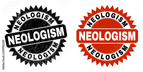 Black rosette NEOLOGISM watermark. Flat vector grunge watermark with NEOLOGISM phrase inside sharp rosette, and original clean source. Watermark with unclean surface.
