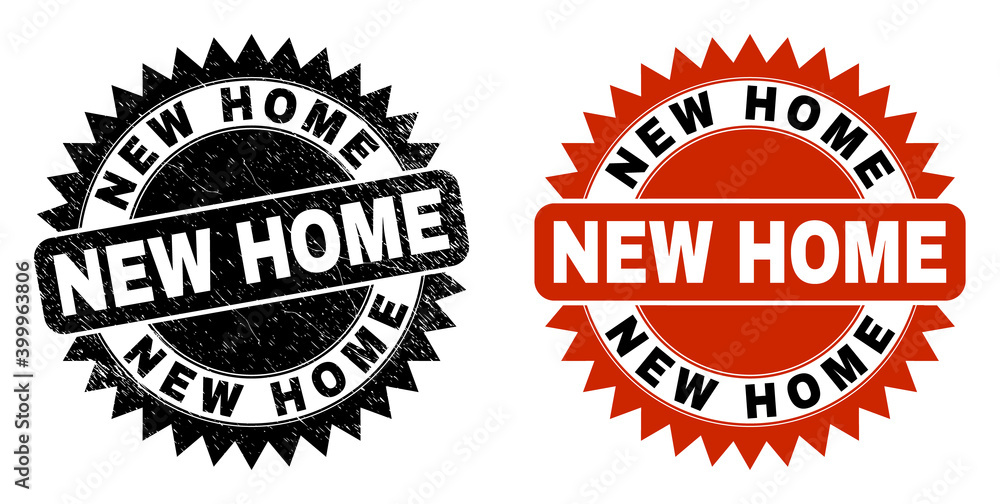 Obraz premium Black rosette NEW HOME watermark. Flat vector grunge seal with NEW HOME caption inside sharp rosette, and original clean template. Watermark with distress surface.