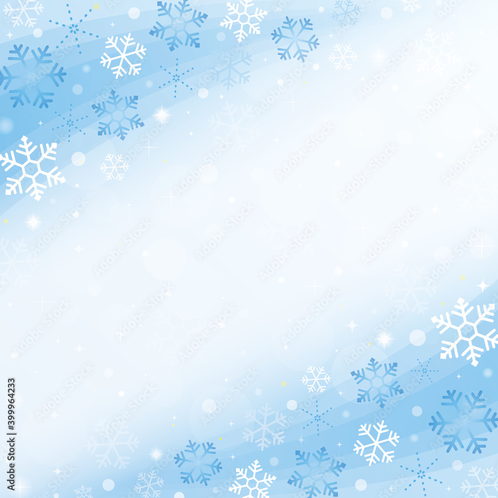 コピースペースのある雪の結晶背景　フレーム　青　正方形　スクエア　snowflake background