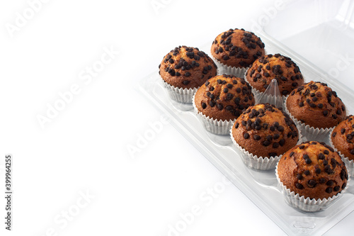 ust baked chocolate muffins packaged isolated on white background photo