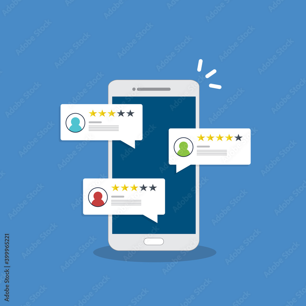 Review rating online on a smartphone. Customer feedback testimonials. Digital reviews stars with good and bad rate experience.