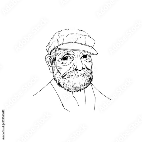 A sketch of a smiling old man with a beard and a cap. vector illustration
