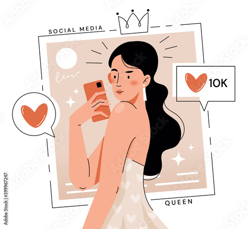 Young fashionable girl makes selfie. Popular media blogger.