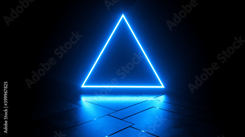 Abstract neon background, blue glowing triangle frame, dark space, ultraviolet light