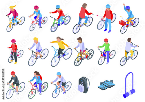 Kids cycling icons set. Isometric set of kids cycling vector icons for web design isolated on white background