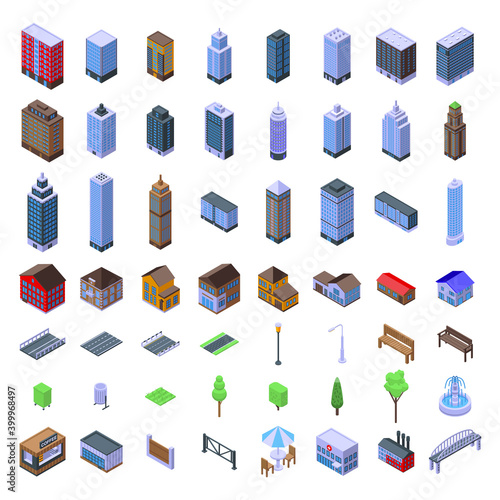 City infrastructure icons set. Isometric set of city infrastructure vector icons for web design isolated on white background