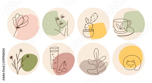 Vector set of round boho icons and emblems for social media story highlight covers. Hand-drawn trendy design templates for bloggers, designers and photographers.