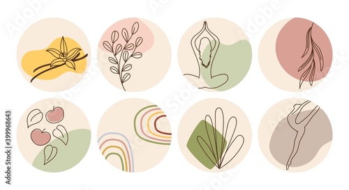 Vector set of round boho icons and emblems for social media story highlight covers. Hand-drawn trendy design templates for bloggers, designers and photographers.