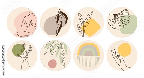 Vector set of round boho icons and emblems for social media story highlight covers. Hand-drawn trendy design templates for bloggers, designers and photographers.