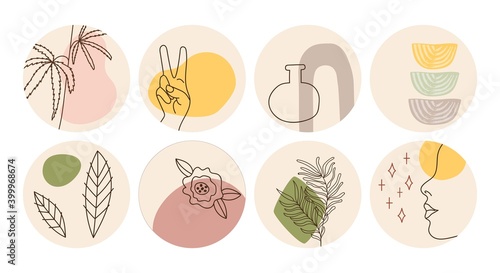 Vector set of round boho icons and emblems for social media story highlight covers. Hand-drawn trendy design templates for bloggers, designers and photographers.