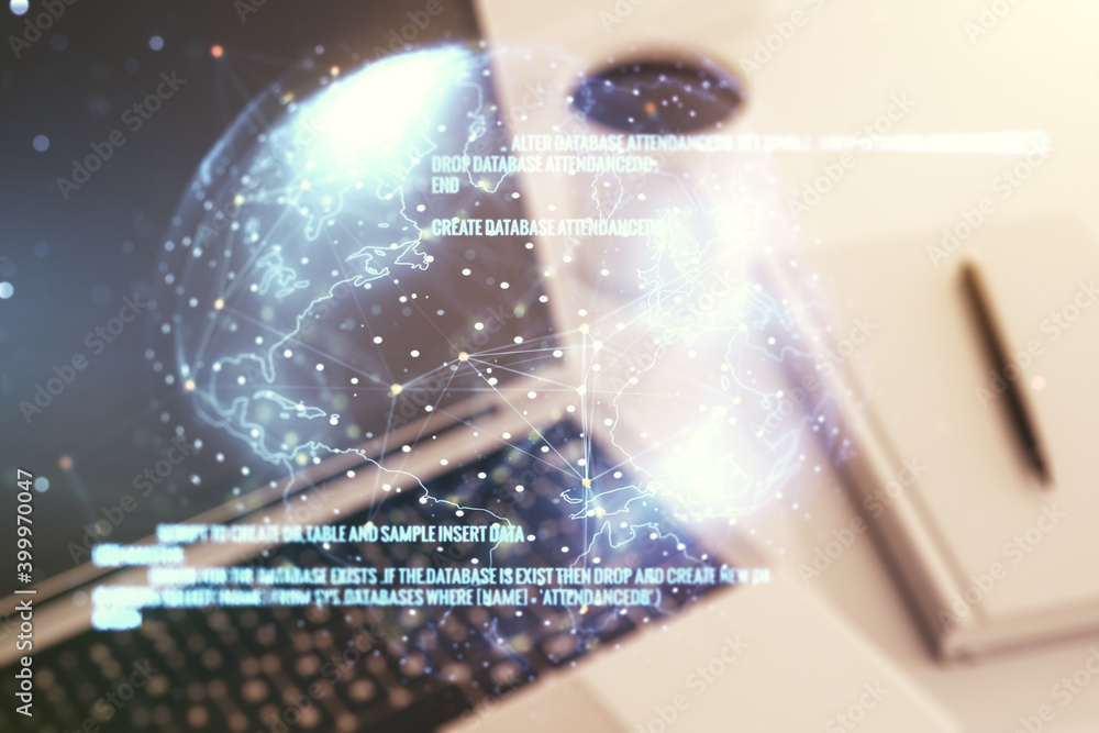 Fototapeta premium Double exposure of abstract creative programming illustration with world map on computer background, big data and blockchain concept