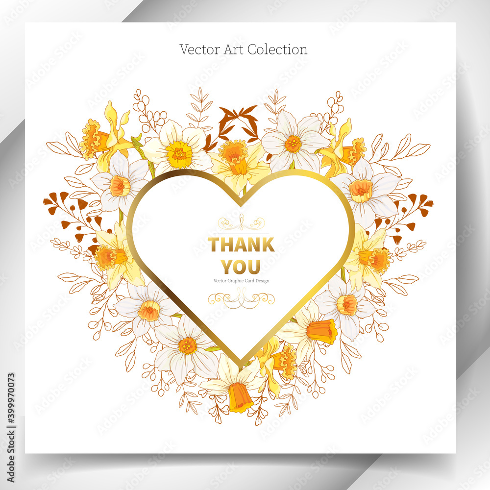 Floral card design element, in the shape of a heart, yellow and white daffodils, vector graphics.
Floral card design element, in the shape of a heart, yellow and white daffodils, vector graphics.