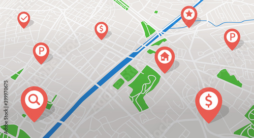 Vector perspective city map with red markers and rounded icons.