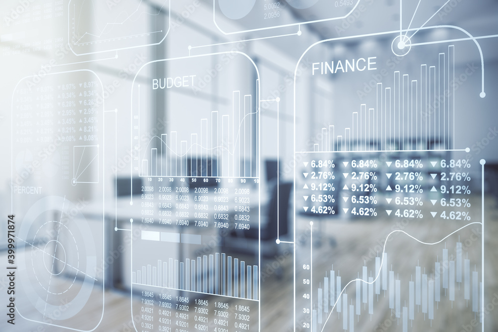 Multi exposure of abstract statistics data hologram interface on a modern furnished office interior background, computing and analytics concept Multi exposure of abstract statistics data hologram interface on a modern furnished office interior background, computing and analytics concept