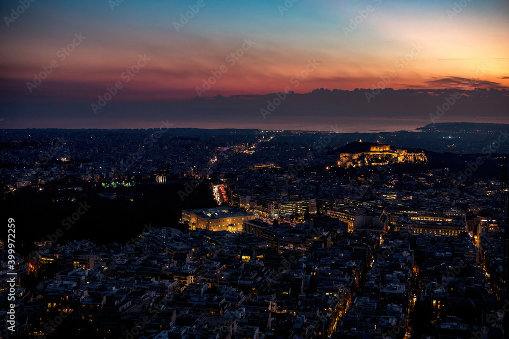 The aerial view of Athens from Lycabetus hill just after the sunset