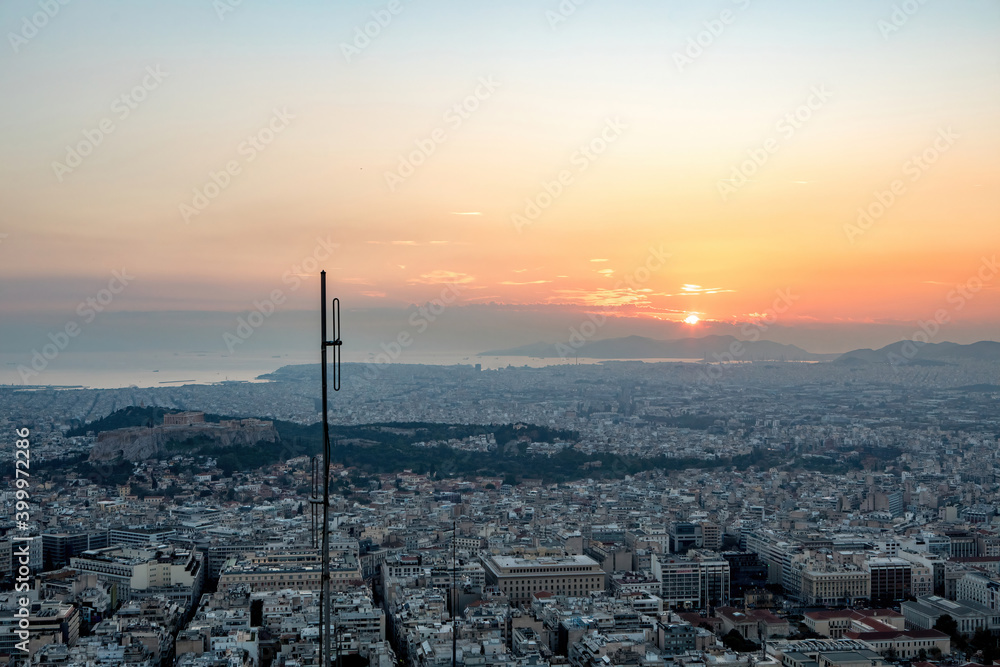 The aerial view of Athens from Lycabetus hill during sunset hour